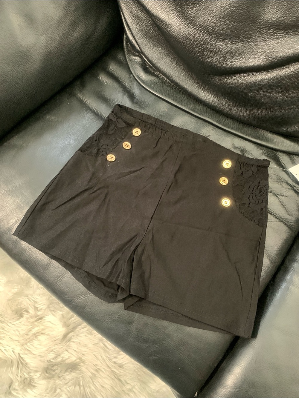 Valia Black High-Waist Lace-Trim Shorts with Gold Buttons